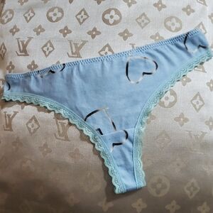 Blue Heart Print Lace Trim Thong
